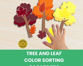 May include: A tree and leaf color sorting activity featuring three illustrated trees in dark red, orange, and yellow with matching leaves. A gold badge reads QUALIFIED UK TEACHER. The text reads TREE AND LEAF COLOR SORTING 24 PAGE PDF.