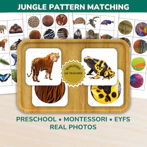 Juego de emparejar patrones de animales de la selva - Actividad de emparejar texturas de piel e impresiones - Tapetes Montessori para preescolar - Mats de clasificación de hábitat (PDF)