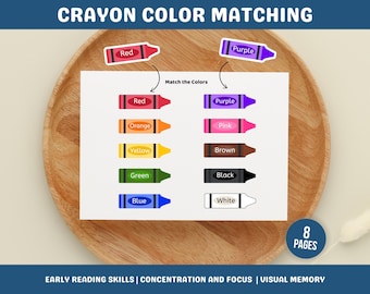 May include: A printable worksheet with 8 pages for kids to practice color matching. The worksheet features crayon outlines of different colors, including red, purple, orange, pink, yellow, brown, green, black, blue, and white. The text "CRAYON COLOR MATCHING" is at the top of the page. The text "Match the Colors" is in the middle of the page. The text "8 PAGES" is in the bottom right corner of the page. The text "EARLY READING SKILLS | CONCENTRATION AND FOCUS | VISUAL MEMORY" is at the bottom of the page.