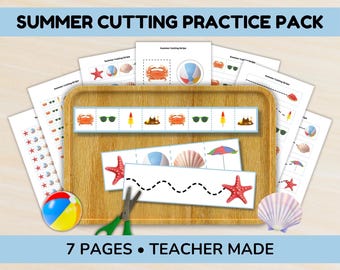 Preschool Scissor Skills Printable | Cutting Practice Printable for Toddlers & Preschoolers – Summer Vacation and Beach Fine Motor Activity