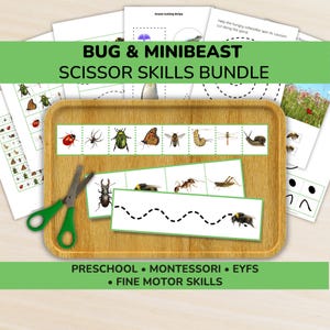 May include: A wooden tray displays a scissor skills bundle featuring insect illustrations. The bundle includes cutting strips with various bugs, green-handled scissors, and text reading "BUG & MINIBEAST SCISSOR SKILLS BUNDLE". Educational materials for preschool.