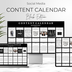 Peut inclure: Un modèle de calendrier de contenu noir et blanc pour les médias sociaux. Le calendrier est affiché sur un écran d'ordinateur, un ordinateur portable et une tablette. Le calendrier est divisé en jours de la semaine et comprend un espace pour ajouter des idées de contenu, des légendes et des hashtags.