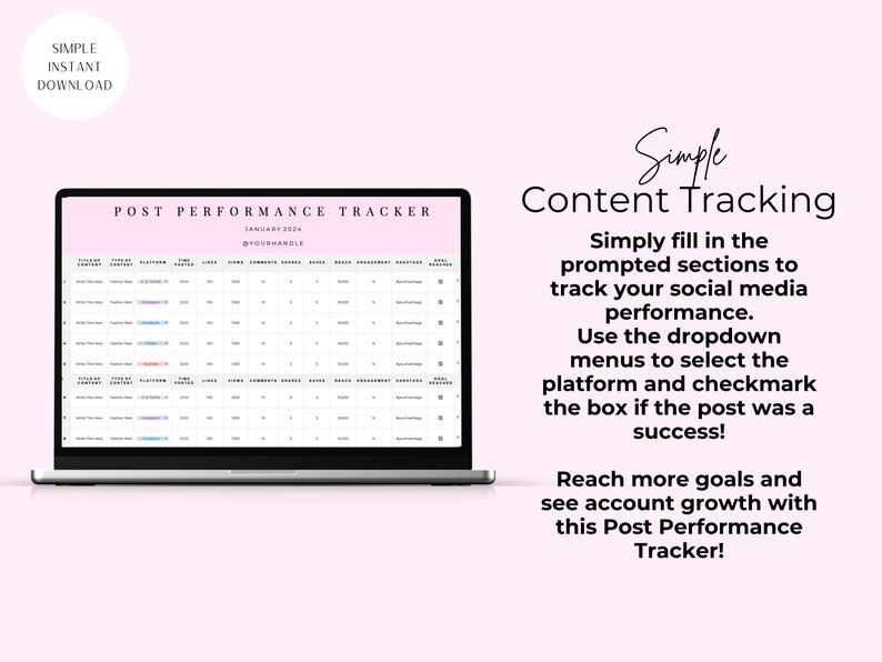 Pu&ograve; includere: Un computer portatile che mostra un foglio di calcolo intitolato "Post Performance Tracker" con colonne per "Stile del contenuto", "Tipo di contenuto", "Piattaforma", "Ora", "Mi piace", "Commenti", "Salva", "Raggiungimento", "Coinvolgimento", "Note" e "Obiettivo raggiunto". Il testo "Simple Content Tracking" &egrave; visualizzato sopra il laptop.