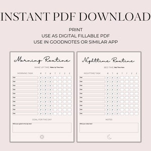Op de afbeelding: Printbare zwart-witte checklists voor de ochtend- en avondroutine. Elke checklist heeft een sectie voor dagelijkse taken, een ruimte om een ​​doel voor de dag in te schrijven en een sectie voor notities. De ochtendchecklist heeft een zonpictogram en de avondchecklist heeft een maanpictogram.