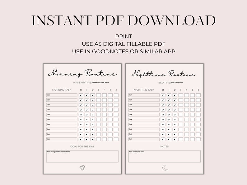 Op de afbeelding: Printbare zwart-witte checklists voor de ochtend- en avondroutine. Elke checklist heeft een sectie voor dagelijkse taken, een ruimte om een ​​doel voor de dag in te schrijven en een sectie voor notities. De ochtendchecklist heeft een zonpictogram en de avondchecklist heeft een maanpictogram.