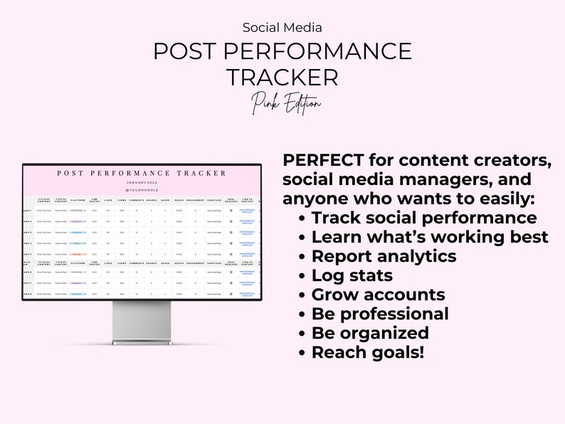 Pu&ograve; includere: Uno schermo di computer che mostra un foglio di calcolo intitolato "Post Performance Tracker" con colonne per la data, la piattaforma, i mi piace, i commenti, le condivisioni, il tasso di coinvolgimento, la portata e i clic sui link. Il foglio di calcolo &egrave; pieno di dati e codificato a colori per evidenziare le metriche chiave. Il testo "PERFECT for content creators, social media managers, and anyone who wants to easily: Track social performance Learn what's working best Report analytics Log stats Grow accounts Be professional Be organized Reach goals!" &egrave; visualizzato sul lato destro dell'immagine.