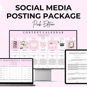 Può includere: Un pacchetto di pubblicazione sui social media rosa e bianco con un calendario dei contenuti, un pianificatore dei contenuti e un tracker delle prestazioni dei post. Il calendario è per febbraio 2024 e include una sezione per l'aggiunta di contenuti o un titolo. Il pianificatore è per le idee di contenuti e il tracker è per il monitoraggio delle prestazioni dei post.
