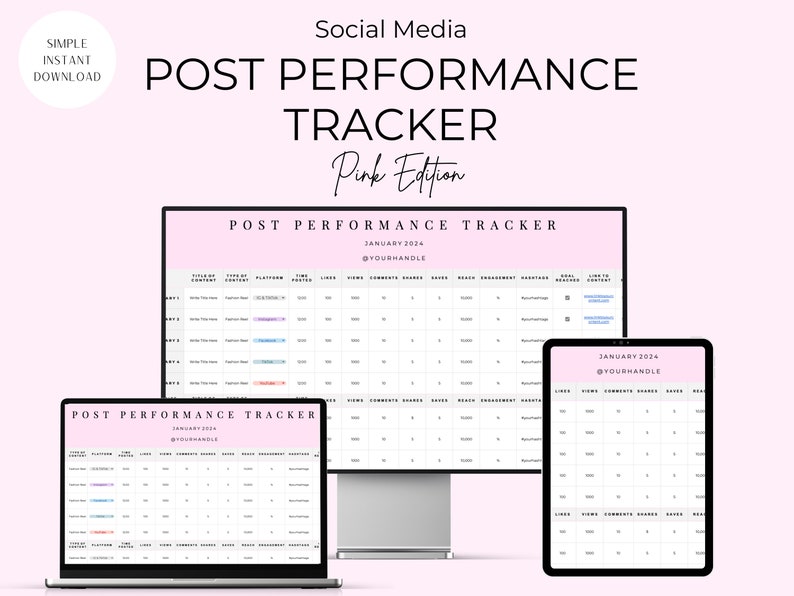 Pu&ograve; includere: Un tracker digitale delle prestazioni dei post sui social media in rosa, con tre diverse dimensioni dello schermo: un computer desktop, un laptop e un tablet. Ogni schermo mostra un foglio di calcolo con colonne per la data, la piattaforma, il titolo del post, i mi piace, le visualizzazioni, i commenti, le condivisioni, i salvataggi, la portata, il tasso di coinvolgimento e le attivit&agrave; di coinvolgimento. Il titolo del foglio di calcolo &egrave; "Tracker delle prestazioni dei post" e il mese &egrave; gennaio 2024.