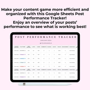 Pu&ograve; includere: Uno screenshot di un foglio di calcolo di Google Sheets sullo schermo di un tablet. Il foglio di calcolo &egrave; intitolato "Post Performance Tracker" e include colonne per "Tipo di contenuto", "Piattaforma", "Ora di pubblicazione", "Mi piace", "Visualizzazioni", "Commenti", "Condivisioni", "Salvataggi", "Raggiungimento", "Coinvolgimento" e "Hashtag".