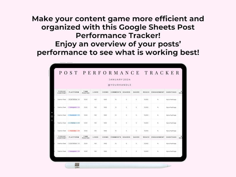Pu&ograve; includere: Uno screenshot di un foglio di calcolo di Google Sheets sullo schermo di un tablet. Il foglio di calcolo &egrave; intitolato "Post Performance Tracker" e include colonne per "Tipo di contenuto", "Piattaforma", "Ora di pubblicazione", "Mi piace", "Visualizzazioni", "Commenti", "Condivisioni", "Salvataggi", "Raggiungimento", "Coinvolgimento" e "Hashtag".