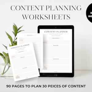 Peut inclure: Une tablette numérique affichant une feuille de planification de contenu avec le texte "CONTENT PLANNER" en haut. La feuille est divisée en sections pour planifier des idées de contenu, programmer et suivre les progrès. La tablette est sur une surface blanche avec une plante verte dans un vase en verre.