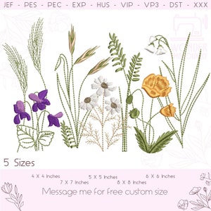 Op de afbeelding: Borduurontwerp van een bloemenboeket met paarse viooltjes, witte madeliefjes, gele papavers en groen blad. Het ontwerp is verkrijgbaar in vijf maten: 4x4 inch, 5x5 inch, 6x6 inch, 7x7 inch en 8x8 inch. De tekst "Stuur me een bericht voor een gratis aangepaste maat" is ook inbegrepen.