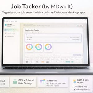 Peut inclure: Un ordinateur portable affiche l'application "Job Tacker" de MDvault. L'écran montre une interface de suivi des candidatures avec des détails. Les fonctionnalités incluent l'installation en 1 clic, le stockage de données hors ligne, 3 trackers, le mode clair et sombre et l'enregistrement automatique complet.