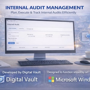 May include: A desktop computer displaying an "Internal Audit" interface. The screen shows data fields and a menu bar. The image includes a keyboard, mouse, notepad, and a coffee cup. Text reads "INTERNAL AUDIT MANAGEMENT" and "Developed by Digital Vault."