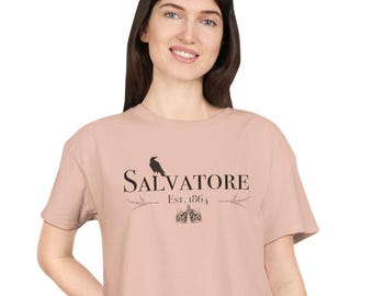 Salvatore Script Crop Tee with Crow, Vervain Sprigs, Bourbon Glasses & 1864
