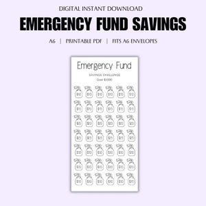 May include: A printable PDF sheet with a savings challenge tracker for an emergency fund. The sheet features a black and white illustration of a jar with money being put into it. The sheet has a goal of $1000 and includes amounts of $10, $15, $20, $25, $30, $35, and $50.
