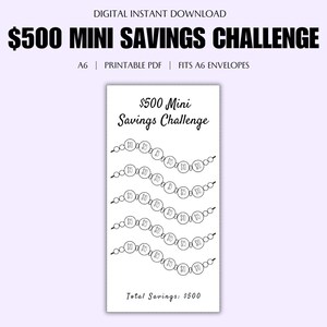 May include: Printable $500 Mini Savings Challenge tracker. The tracker is designed to fit A6 envelopes. The tracker is a visual representation of a string of beads with dollar amounts written on each bead. The total savings amount is $500.