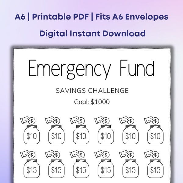 Emergency Fund Savings Challenge | A6 Binder Insert | Save 1000 Dollars | Printable Digital Tracker | Ramsey Baby Steps | Contingency Fund