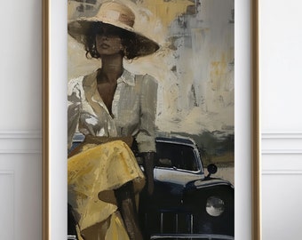 Poster modieuze vrouw met hoed op ouderwetse oldtimer auto verf interieur kunst