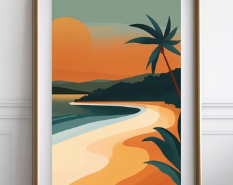 Poster Asian Coast with orange and blue, art, tropical, palm tree, decoration, digital print, wall decoration, trendy, digital download