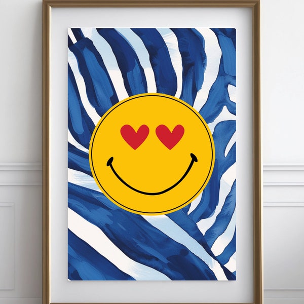 Poster Smiley Met Hartjes Ogen En Zebraprint, kunst, decoratie, geel, blauw, rood, digitale print, woonkamer wanddecoratie, trendy, download