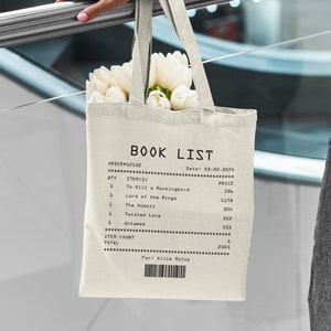 Personalized Book Receipt Tote Bag | Custom Book List Shopping Bag | Gift For Librarian | Reader Gift Reusable Bag | Booktok Merch