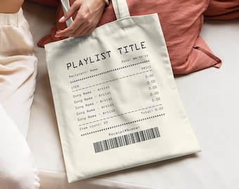 fourre-tout personnalisé pour reçu de chanson | Sac à provisions personnalisé avec reçu de liste de lecture | Sac personnalisable pour playlist de chansons | Tote bag Musique esthétique