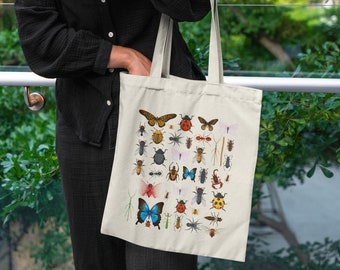 Exotic Bug Print Tote Bag: Beetles Cotton Canvas Shopping Gift for Butterfly Lovers