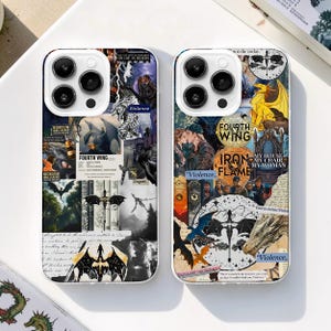 May include: Two phone cases with white borders. One case features a collage with the text "FOURTH WING" and "Violence." The other case has the text "IRON FLAME" and "Violence." Both cases have dragon imagery.