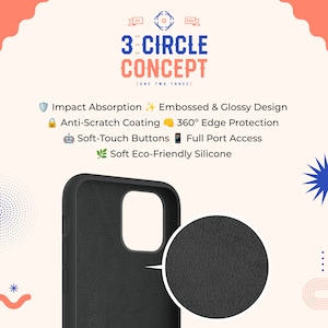 May include: Black phone case with a textured surface and the text "3 CIRCLE CONCEPT ONE TWO THREE". The case is designed to protect the phone from impact and scratches.