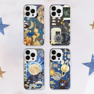 May include: Four phone cases with different designs featuring celestial and space themes. The designs include stars, planets, moons, and constellations. The cases are all white with a clear back and a blue and white color scheme.