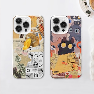 Funda para teléfono con collage de periódico japonés retro MagSafe / Funda para teléfono con moodboard de gato kawaii / Funda para teléfono con sello postal / iPhone 16 15 / Samsung S24