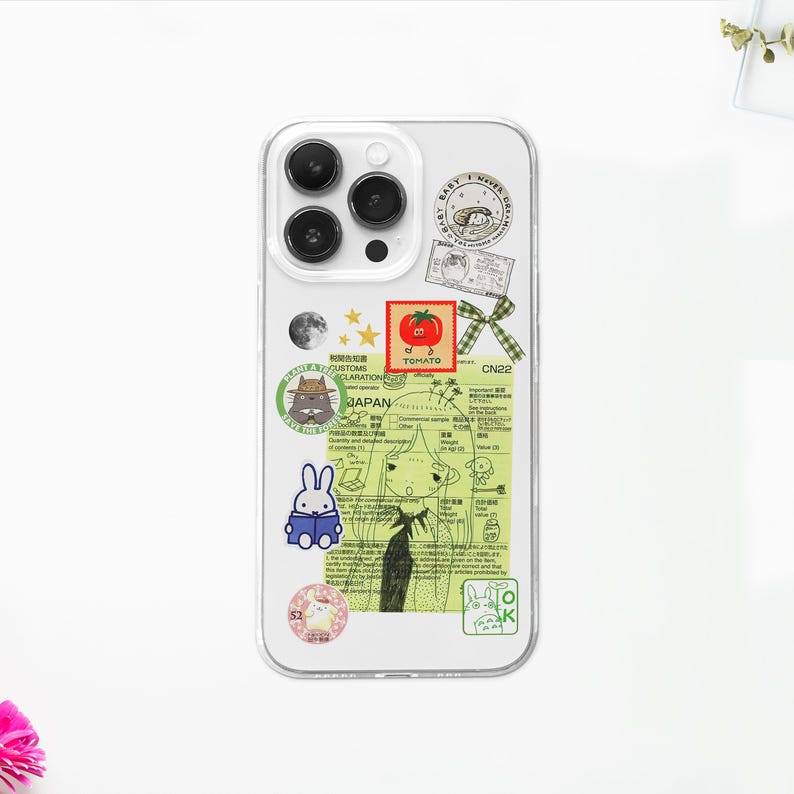 Japanese Anime Receipt MagSafe Phone Case, Cartoon Manga Collage Phone Cover, Kawaii Scrapbook Case, iPhone 16 15 14 13, Samsung S24 S23, green aesthetic case, anime girl gift, star moon case, kawaii manga character case, clear anime case