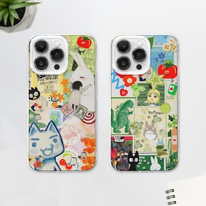Custodia per telefono MagSafe con estetica verde giapponese / Custodia per telefono con collage di gatti manga / Regalo di moodboard anime / iPhone 15 14 13 12 / Samsung S24 S23