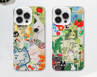 Custodia per telefono MagSafe con estetica verde giapponese / Custodia per telefono con collage di gatti manga / Regalo di moodboard anime / iPhone 15 14 13 12 / Samsung S24 S23