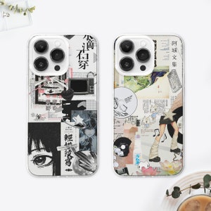 May include: Two clear phone cases with black and white designs. The left case features a black and white illustration of a woman's face with Japanese text. The right case features a collage of images including a cartoon character, a record, and Japanese text.