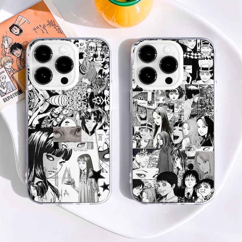Anime Girl Scrapbook MagSafe Phone Case, Japanese Manga Comics Phone Cover, Dark Anime Cartoon Gift, iPhone 17 16 15 14 13 12 11 xr 7 6 magsafe case, Samsung S26 S25 S24 S23 S22 S21 cover, kawaii japanese art, dark anime girl gift, traditional japanese aesthetic, anime lover gift, gothic anime,  weeb aesthetic, black and white manga themed cover, otaku phone case, black white juminocore gift case, cartoon manga character cover