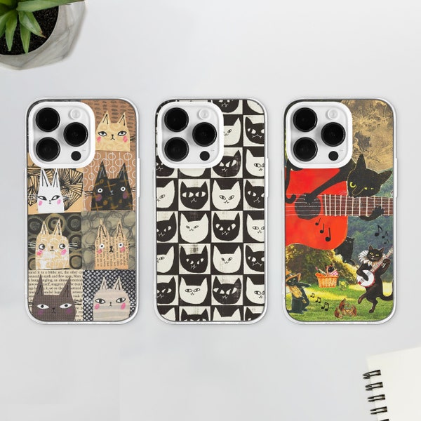 Vintage Art Cat MagSafe Phone Case | Arriba Guitar Cat Lover Phone Cover | Aesthetic Kitty Phone Case | iPhone 15 14 13 12 | Samsung S23 S22