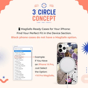 May include: A screenshot of a phone case selection menu with the option to select a case for an iPhone 14 Pro with MagSafe. The image also shows a phone case with a MagSafe charger attached.