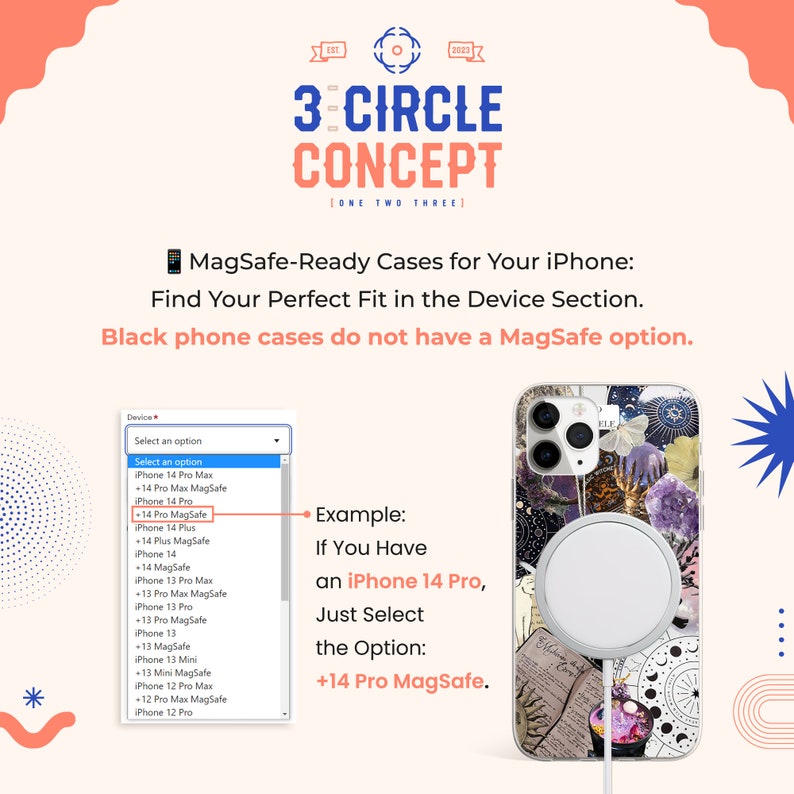 May include: A screenshot of a phone case selection menu with the option to select a case for an iPhone 14 Pro with MagSafe. The image also shows a phone case with a MagSafe charger attached.