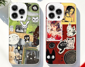 Japanese Black Cat Moodboard MagSafe Phone Case, Grunge Y2K Manga Cover iPhone 17 Samsung