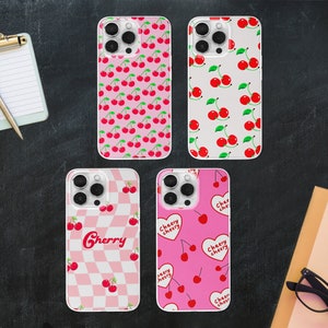 Pink Cherry Cherry Phone Case | Preppy Cherry Illustration Phone Cover | Cherry Checkered Phone Case | iPhone 15 14 13 12 | Samsung S23 S22