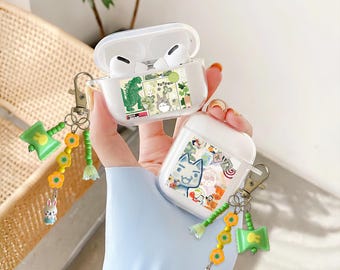 Japanse groene esthetische Airpods-hoes met bedel, kawaii cartoon Art Airpods-hoes, Juminocore Airpods 1 generatie, 2 generatie, 3 generatie, 4 generatie Airpods Pro