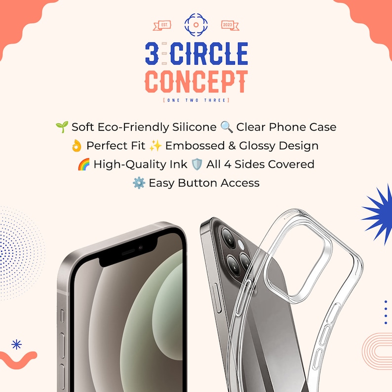 May include: A clear phone case with a 3 Circle Concept design. The case is made of soft, eco-friendly silicone and has a glossy finish. It features easy button access and protects all four sides of the phone.