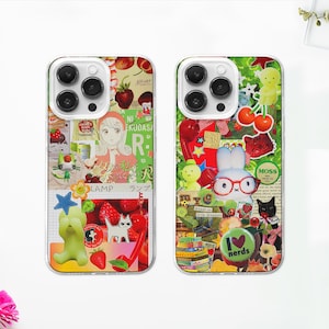 Funda MagSafe con diseño de anime y moodboard / Funda con estética manga verde / Regalo de collage de conejo kawaii / iPhone 16, 15 y 14 / Samsung S25