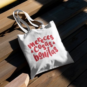 Mereces Cosas Bonitas Tote Bag | Latina Eco Friendly Canvas Shopping Bag | You Deserve Beautiful Things Aesthetic Reusable Bag Gift