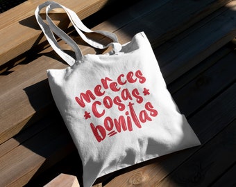 Mereces Cosas Bonitas Tote Bag | Latina Eco Friendly Canvas Shopping Bag | You Deserve Beautiful Things Aesthetic Reusable Bag Gift