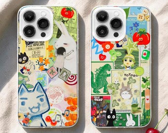 Japanese Green Aesthetics Phone Case | Manga Cat Moodboard Collage Cover iPhone 17 Samsung S25