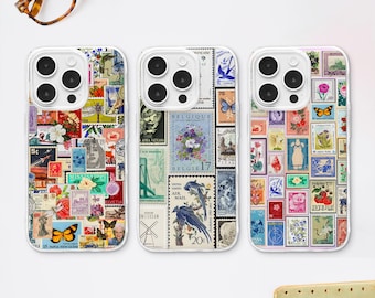 Vintage Postal Stamp Collage Phone Case, Retro Lettercore MagSafe Cover iPhone 17 16 Samsung