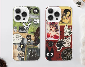 Japanese Black Cat Moodboard MagSafe Phone Case, Grunge Y2K Manga Cover iPhone 17 Samsung